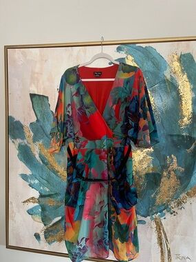 City Chic Red Floral Wrap Dress with Teal Accents